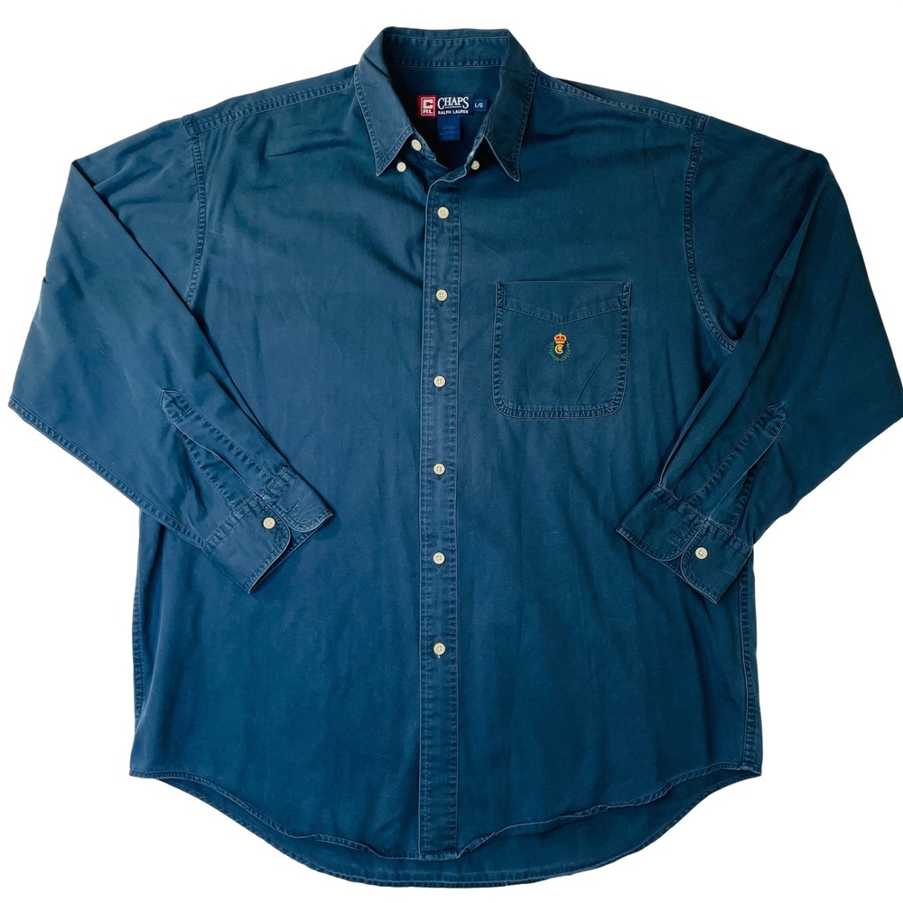 Chaps Ralph Lauren Mens Navy Blue Cotton Long Sleeve Crest Logo Button Down L